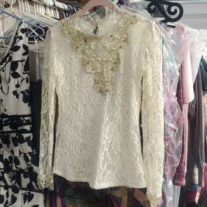 Ivory / Gold LS Lace blouse Like New XL